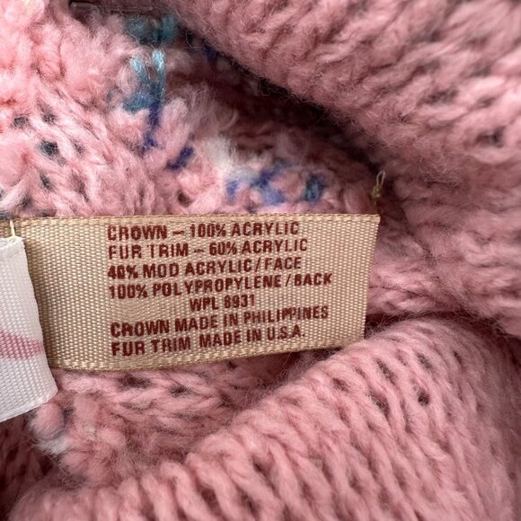 Vintage Knit Hat Winter Pink Purple White 80s Notice USA Faux Fur Trimmed Beanie - Picture 8 of 11